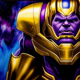 fullbody portrait in oil on canvas of Thanos with Big Golden Hulkbuster armor, intense stare, masterpiece, realistic, intricate detail, sci-fi fantasy style, volumetric lighting, particles, highly detailed ,cinematic , deep colours, 8k, by Simon Bisley