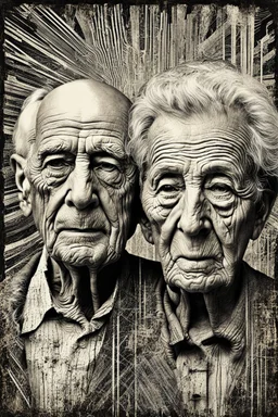 an old couple faces olae vintage photo with stronge glich technique, grey-brown, defects, graininess, white noise, lines, scratches, glitch art