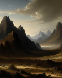 Dark brown dry mountains painted by Francis Danby