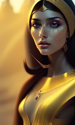 Arab young woman ,Arabic features، cute, beautiful, long hair, wavy hair, black eyes,A tuft of hair on the face,Arabic style dress، head and shoulders portrait, cinematic, 8k, resolution concept art portrait by Greg Rutkowski, Artgerm, WLOP, Alphonse Mucha dynamic lighting hyperdetailed intricately detailed