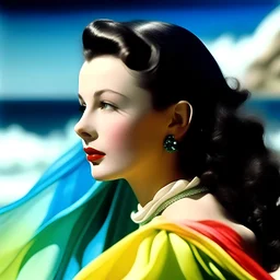 Vivien leigh A white curtain above the sea, turquoise, pink, orange, yellow, wind blowing