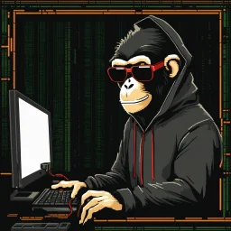 A Monkey sitting in front of a computer, wearing a hoodie and sunglasses. Matrix in background. Pixel Art. Profile Picture. Avatar. Pixel