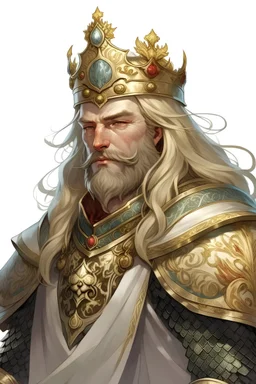 Generate me a male D&D character who is a king wearing elaborate armor. They have long pale blonde hair and a short beard, along with old skin. And a crown, The background should be a white