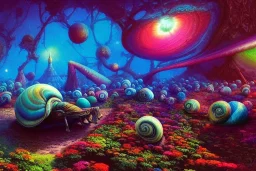 snails in a vibrant and colorful garden epic fantasy journey through 32k resolution holographic astral cosmic illustration mixed media by dan mumford greg rutkowski zdzisław beksiński epic cinematic brilliant stunning intricate meticulously detailed dramatic atmospheric maximalist digital matte painting galactic space
