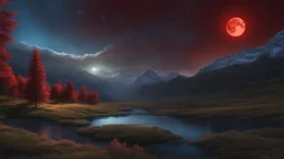 A stunning night sky seen from the bottom of a deep valley. millions of stars. A red half moon. exquisite realism, a masterpiece, fantasy concept art, dynamic lighting, hyperdetailed, intricately detailed, deep color, Unreal Engine, volumetric lighting, Epic cinematic brilliant stunning intricate meticulously detailed dramatic atmospheric maximalist digital matte painting. Michael whelan.