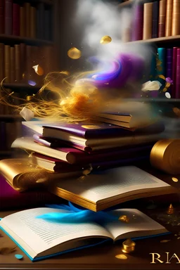 "RIA" in metallic gold with whimsical splashes, puffs of smoke, and swirls of garnet, gold, cream, and powder blue hints of purple 3d digital art, the image is encircled by books, pens, and journals being thrown in the air.