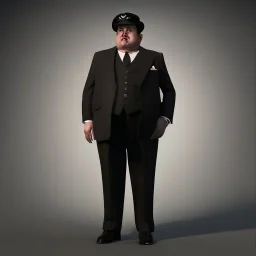 A full body 1930s Italian-American businessman with a black bowler hat and a suit. He is obese and sad