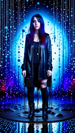 Full body and headshot of a young gothic woman dressed in clothing dripping like liquid, with no hat, with a multiverse background