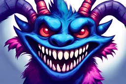 closeup of a smiling monster's face, big teeth, fur, bumps and horns, my pet monster inspiration, urban character design