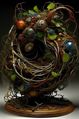 This sculpture, crafted from recycled materials and found objects, symbolizes the environmental toll of materialistic excess. The base, constructed from discarded metal and plastic, forms the foundation of our consumer-driven society. Twisted wire vines represent the entanglement of the natural world in waste, while electronic components and textiles intertwine with rusted metal. At the center, a distorted human figure made from discarded items serves as a reflection of faceless consumption. Mir