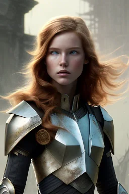 ultrarealistic, concept art, ruined city,__intricate fantasy armor__, no star, __angles__, 18 year old woman, strikingly beautiful,ginger hair, _colour_, (pale __skincolor__ skin:1.2), __camera__, _hair_, detailed face and eyes, medium breasts, sci-fi theme, freckles, dynamic pose, resolved expression, __accessory__, strappy outfit, (straps:1.1), sword in scabbard on left hip, (buckles, buttons, snaps, rings:1.0), haltertop style breastplate, detailed eyes, plump lips