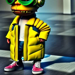 Bart Simpson toddler, steampunk headphone, sunglass, gangsta neckless, full body, yellow puffer jacket, tokio background, dramatic lighting, hyper realistic, unreal engine 5, 16k