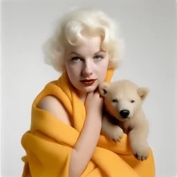 A photograph of sad childish marilyn monroe, head backwards , with bear, , with spiky hair, no make up, in the style of milton greene, a pale orange silk scarf around her shoulders, white bacground