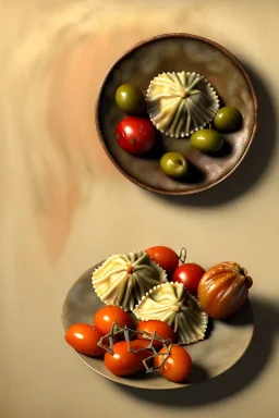 Ravioli by renaissance style still life oil painting, dish, natural tomato, albahaca, olives, olive oil, moisture, art, natural, ornaments, chef, high kitchen, smooth, gradient color background, unreal engine 5, ray tracing, RTX, lumen lighting, ultra detail, volumetric lighting, 3d.