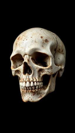 skull covered in corrosion from a black background,