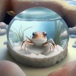 A cute little crab in a small circular fish tank.