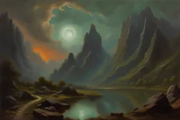 Cloudy Night, epic mountains, rocks, pathway, lake, epic rocky land, cosmic and inmaterial trascendent influence, introspective, epic, 80's sci-fi movies influence, henry luyten, fernand toussaint, and pieter franciscus dierckx impressionism paintings