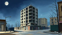 Night. Half-finished building. Abandoned streets at 12 pm. Judge and plaintiff. Cezanne Oil Painting. Digital Painting. Vector. Pastel Color. Tehran.