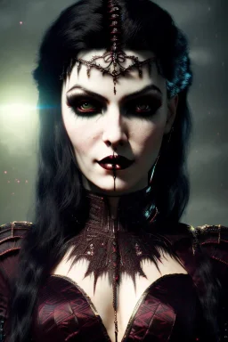 Smirking gothic vampire, waist up portrait, 8k resolution, intricate details, ornate details, soft lighting, vibrant colors, retroanime, masterpiece, intricate eyeliner, dark eyeshadow, eyes, intricate tattoos, futuristic cityscape background