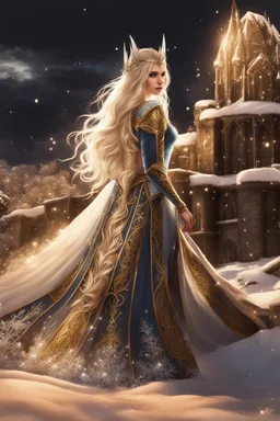 Elven princess,elven crown,long white blonde golden hair,rapunzel hair,ice flowers,beautiful,light blue,dark blue,golden armor,sparkle,glitter,ice flowers,snow,elven ears,dark fairy princess