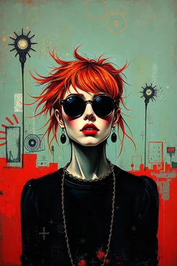 oil painting Jean-Michel Basquiat style, Mystic oil paint color style punk rock style beautiful women with auburn red ginger hair,