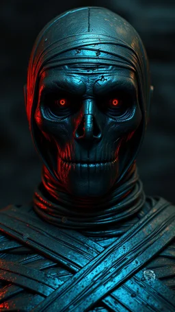 a front view of the mummy by his face skin is a rusted broken metallic skin texture in a 3d rendering full-height image of a grim and dark scene. Ensure the final images exhibit the utmost quality, encompassing 4K, 8K, and 64K resolutions, with 3D rendering that manifests in photorealistic, hyperrealistic, and highly detailed representations. Employ techniques such as HDR, UHD,