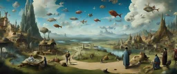 Salvador Dali and Hieronymus Bosch talk to each other at an outdoor surrealist market. A herd of dream-like sky-fish swim high in the far distant sky, with a beautiful surreal outdoor countryside summer scene with hills, paths, stairways, waterfalls, and an intricate fractal sky, very high detail, photorealistic, epic cinematic, 8K, Large depth of field