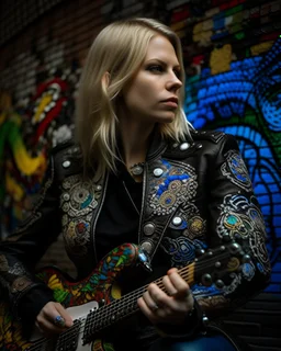 "Midnight Serenade unique" low view angle shot down village road , large close up a beautiful blonde young woman with a tattoos wearing a cool black leather jacket like rocker style and holding a guitar, granite terrazzo motifs with puzzle modern clothing is decorated with colorful filigree abstract, Collage chutes papiers magazines,Spirograph background by Nisa Kiley, Textile Artist