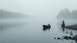 Río en una mañana fresca tras la lluvia, el dios Hermes guiando almas junto a la orilla, barquero Caronte esperando en su barca, niebla ligera y tonos fríos, estilo pictórico melancólico.