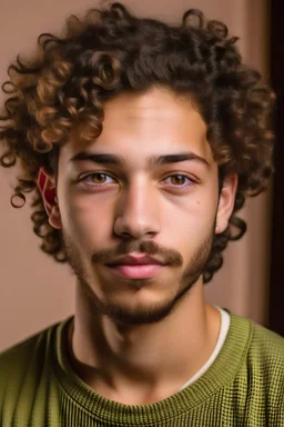 A man with Arab features, his hair is curly and, his hair is slightly brown, his color is white, his eyes are brown, without a beard, he is 23 years old