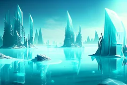 ice blocks, lagoon, seashore, distant futuristic city, epic, sci-fi