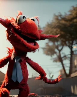 Realistic image, hybrid formed by simple Elmo muppet head and real human body, human arms and hands, Shirt and tie, concept art, smooth, unreal engine 5, god lights, ray tracing, RTX, lumen lighting, ultra detail, volumetric lighting, 3d, finely drawn, high definition, 4k.