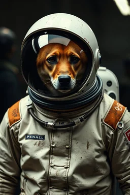Une combinaison de spationaute des années 1960 dans son entièreté, photo realiste et vielle argentique. La combinaison doit etre aussi abîmé par la présence de griffure d'animal