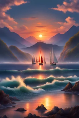 The sea, the waves, the sailboats, the clouds, the glow, the sunrise, the mountains