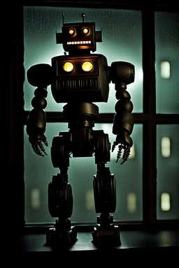 A dynamic and detailed shot of a Robbie the Robot from forbidden planet peeking through a window on a rainy night, dark shadows and gauzy curtain blown by wind, shot with a film camera and wide angle lens, shot from a low position to add fear