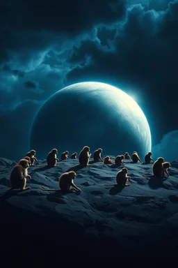 A surface of a planet that is full of monkeys all are dark blue and sky and clouds are dark blue
