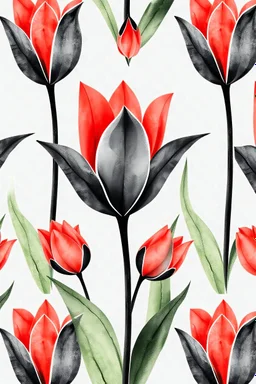 Art deco pattern, watercolors big 6 tulip design in black and coral red on white background