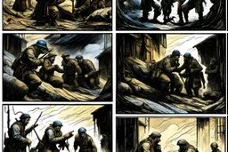 Masterpiece1:5)(Fineart), (award-winning:1.5), highest quality, war journalism, ink and colored pencil sketch of photocollage (by Gustave Doré, Jan Saudek:1.5),(Eastern Ukraine:(panel one:the moment after a battle ends, horrors of war, wounded men),(2nd panel, cinematic shot of men sitting in trench with 1000 yard stare (focus on their eyes:1.5)),(the third panel shows troops tired but hyper alert), (the fourth panel shows the sky is filled with incessant, fire and smoke everywhere,)