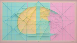 "Zeno's Paradox" is a piece of grid paper with pastel circles and triangles drawn on it and a 3d bor code on the top left