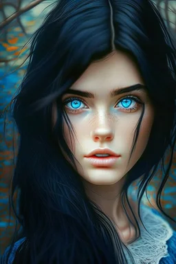 beautiful girl, black hair, blue eyes, outdoors