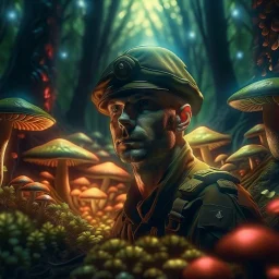 portrait of macho army officer inside glowing mushroom grove, 4k, down-light, soft light, depth of field, photo realism, trending on art station, high detail, spraypaint