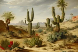 A tan sandy desert with cactuses painted by Giovanni Battista Sassi