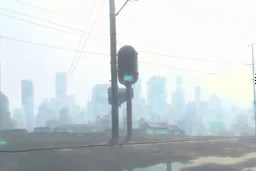 Smokey cyberpunk cityscape, dystopian