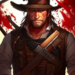 Portrait, bearded, Gunslinger, Cowboy, cowboy hat, serious face, Blood Splatter