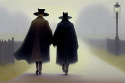 two people in capes and hats seen from behind walking side by side in an empty foggy plain by artist "Leonora Carrington"