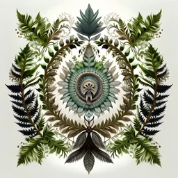 realistic image like a photo of mandala with feathers and ferns, moschrooms