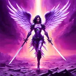 Totalitarian brutalist angel in purple jumpsuit wielding sword descends from aura of light in war torn wasteland