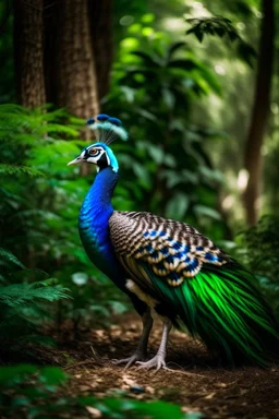 A peacock in a background forest