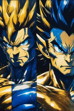 Poster in two gradations, split in half, one side "Vegeta's face", other side "Goku's face", midline of the face, painting by Yoji Shinkawa, dark blue and GOLD detailed iridescent, metallic, translucent, dramatic lighting, hyper futuristic, digital art, shot with Sony Alpha a9 Il and Sony FE 200-600mm f/5.6-6.3 G OSS lens, natural light, hyper realistic photograph, ultra detailed -ar 3:2 -q 2 -s 750,