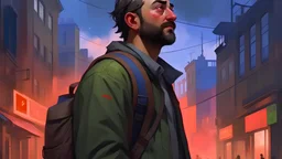 a man with a backpack looking up at the sky, keanu reevez in disco elysium, disco elysium character, nft portrait, official fanart, background artwork, adar darnov, profile picture 1024px, artwork in the style of guweiz, dark. no text, disco elysium style, fanart, drake in gta v